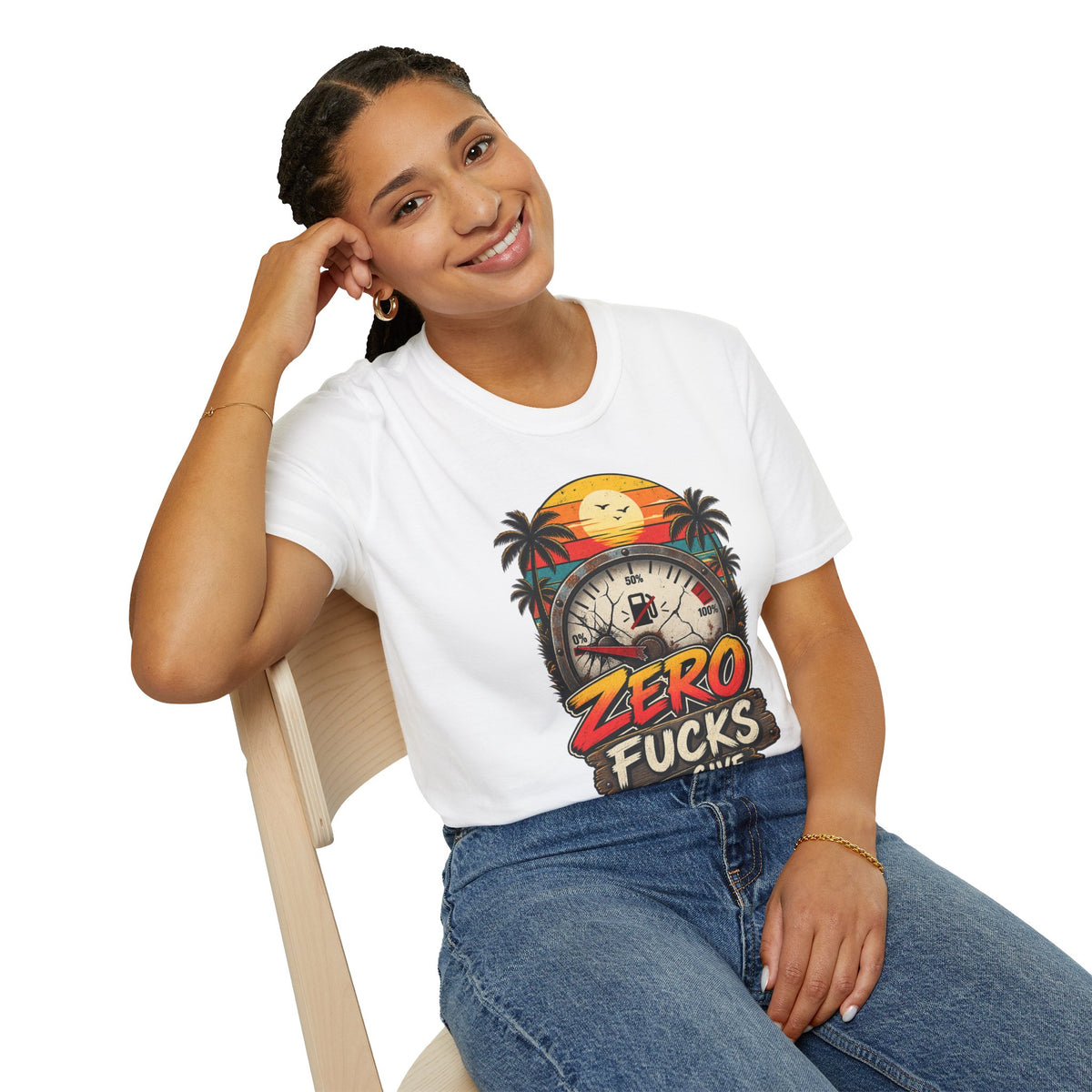Zero Fucks to Give T-Shirt — Retro Sunset Palm Fuel Gauge Graphic Tee