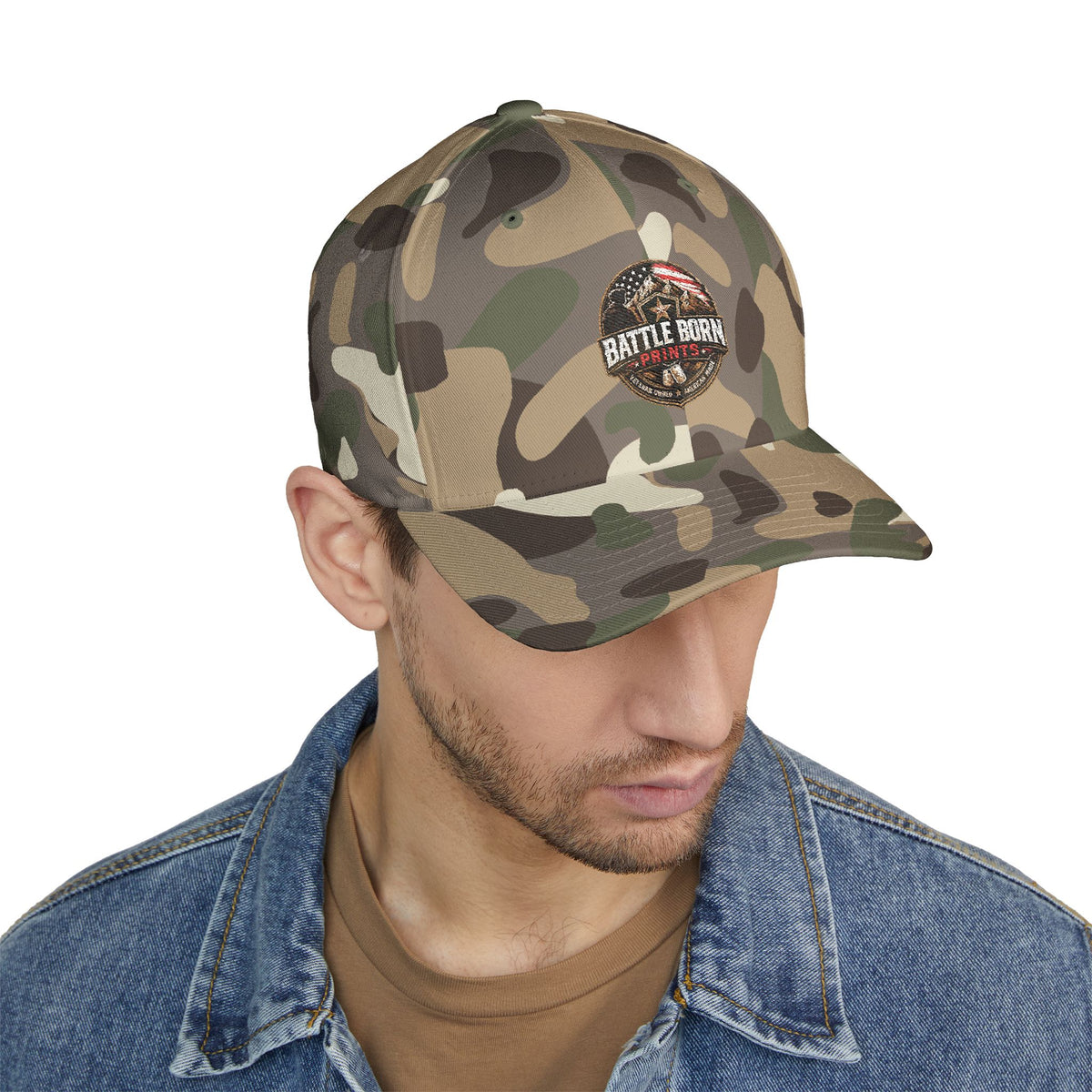 Battle Born Prints FlexFit Embroidered Cap — American Flag Patch Hat