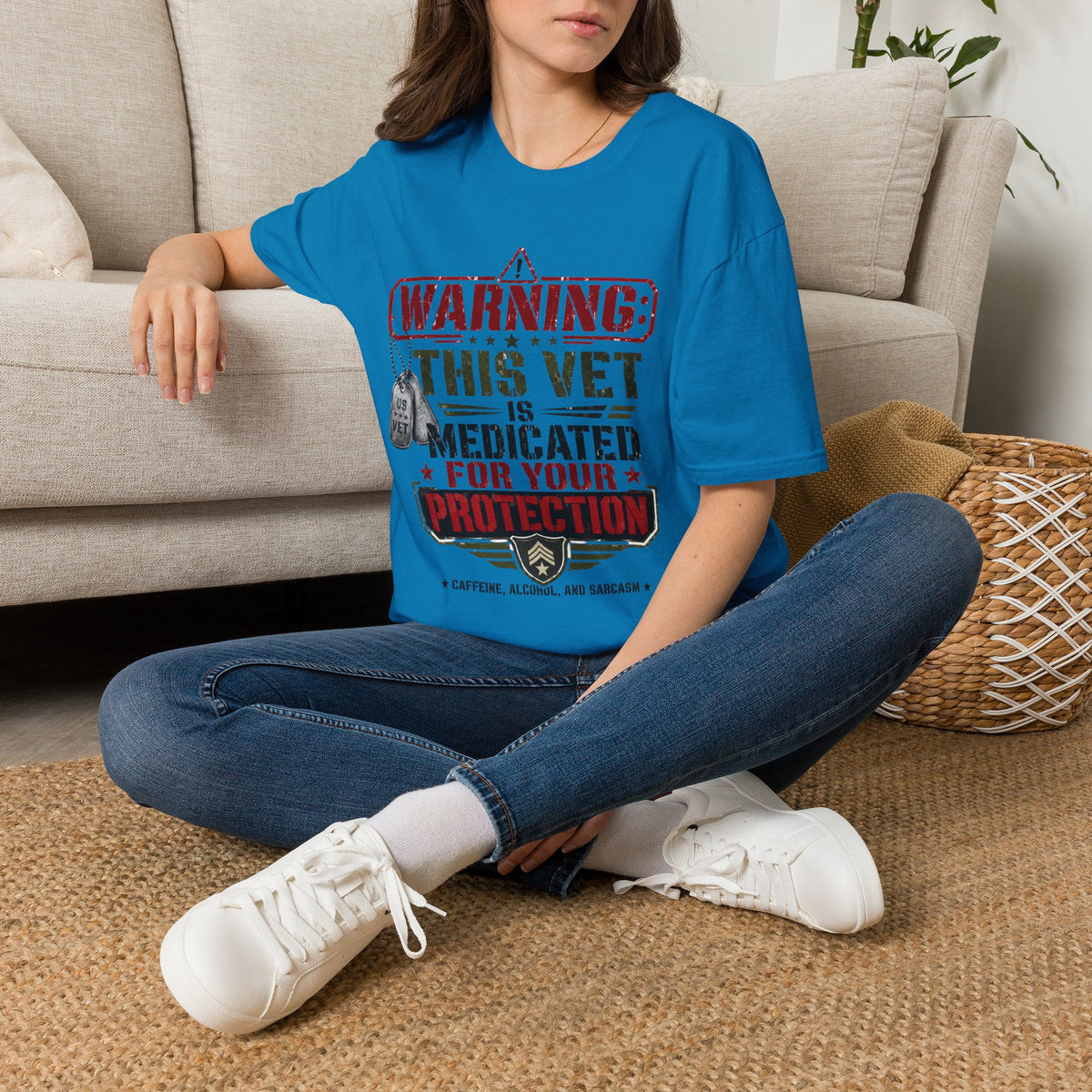 Veteran T-Shirt — "Warning: This Vet Is Medicated for Your Protection" Patriotic Tee