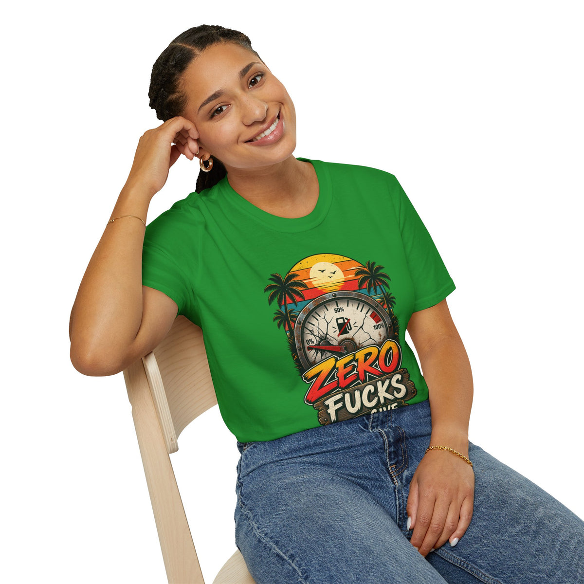 Zero Fucks to Give T-Shirt — Retro Sunset Palm Fuel Gauge Graphic Tee
