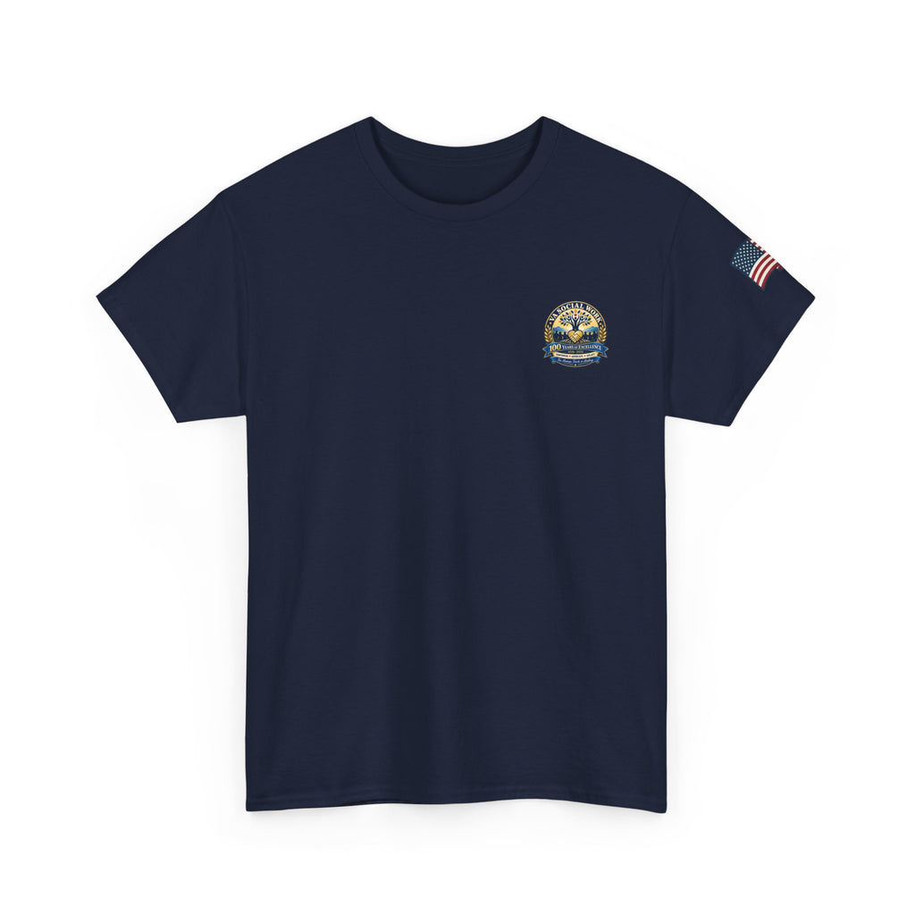 VA Social Work 100th Anniversary T-Shirt — Empower Advocate Uplift (American Flag Sleeve)