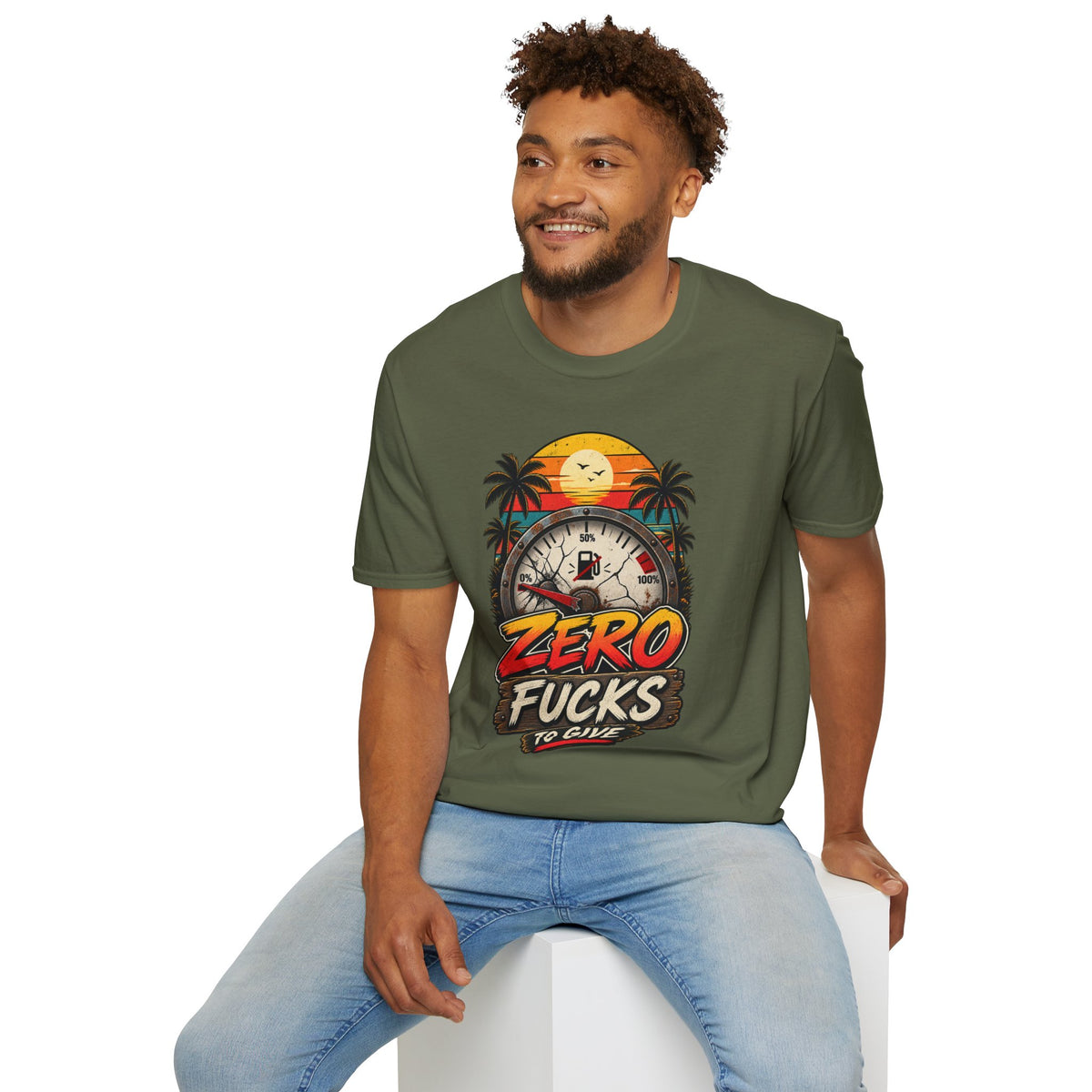 Zero Fucks to Give T-Shirt — Retro Sunset Palm Fuel Gauge Graphic Tee