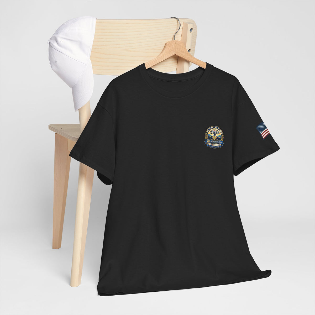 VA Social Work 100th Anniversary T-Shirt — Empower Advocate Uplift (American Flag Sleeve)