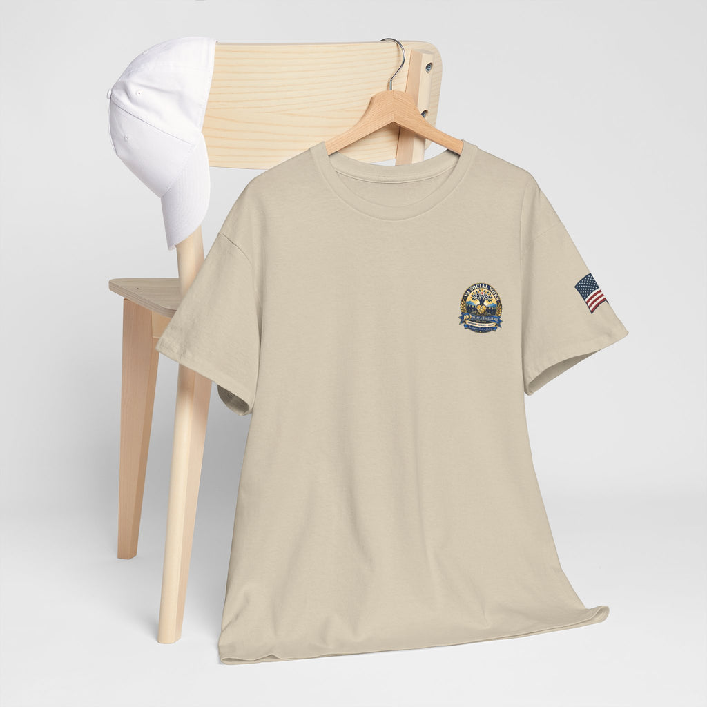 VA Social Work 100th Anniversary T-Shirt — Empower Advocate Uplift (American Flag Sleeve)