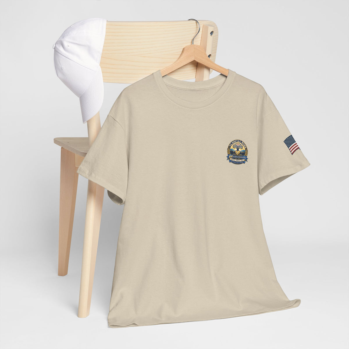 VA Social Work 100th Anniversary T-Shirt — Empower Advocate Uplift (American Flag Sleeve)