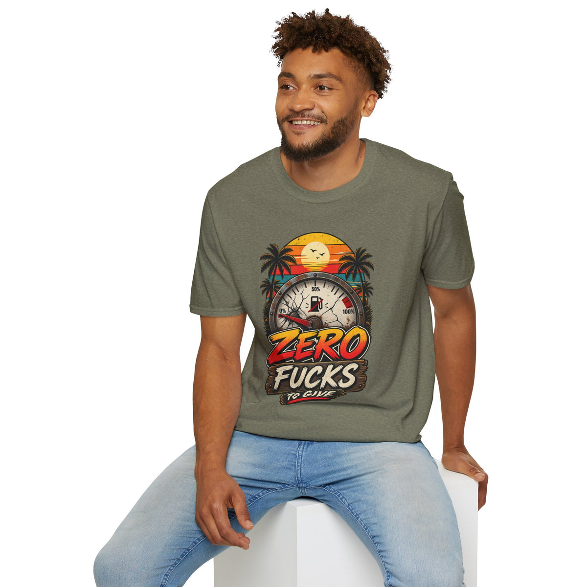Zero Fucks to Give T-Shirt — Retro Sunset Palm Fuel Gauge Graphic Tee