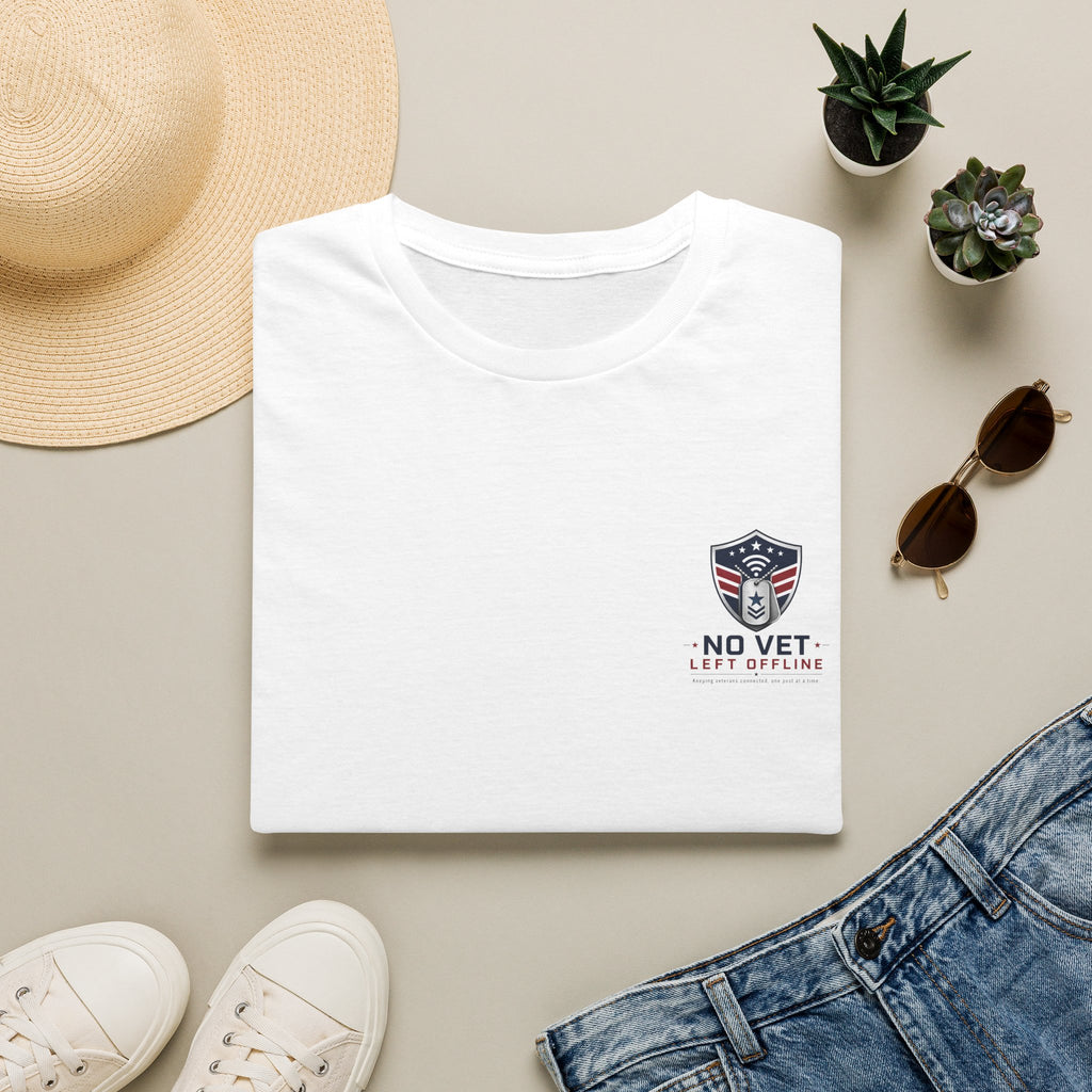 T-Shirt — "No Vet, Left Offline" American Flag Shield Veteran Tee