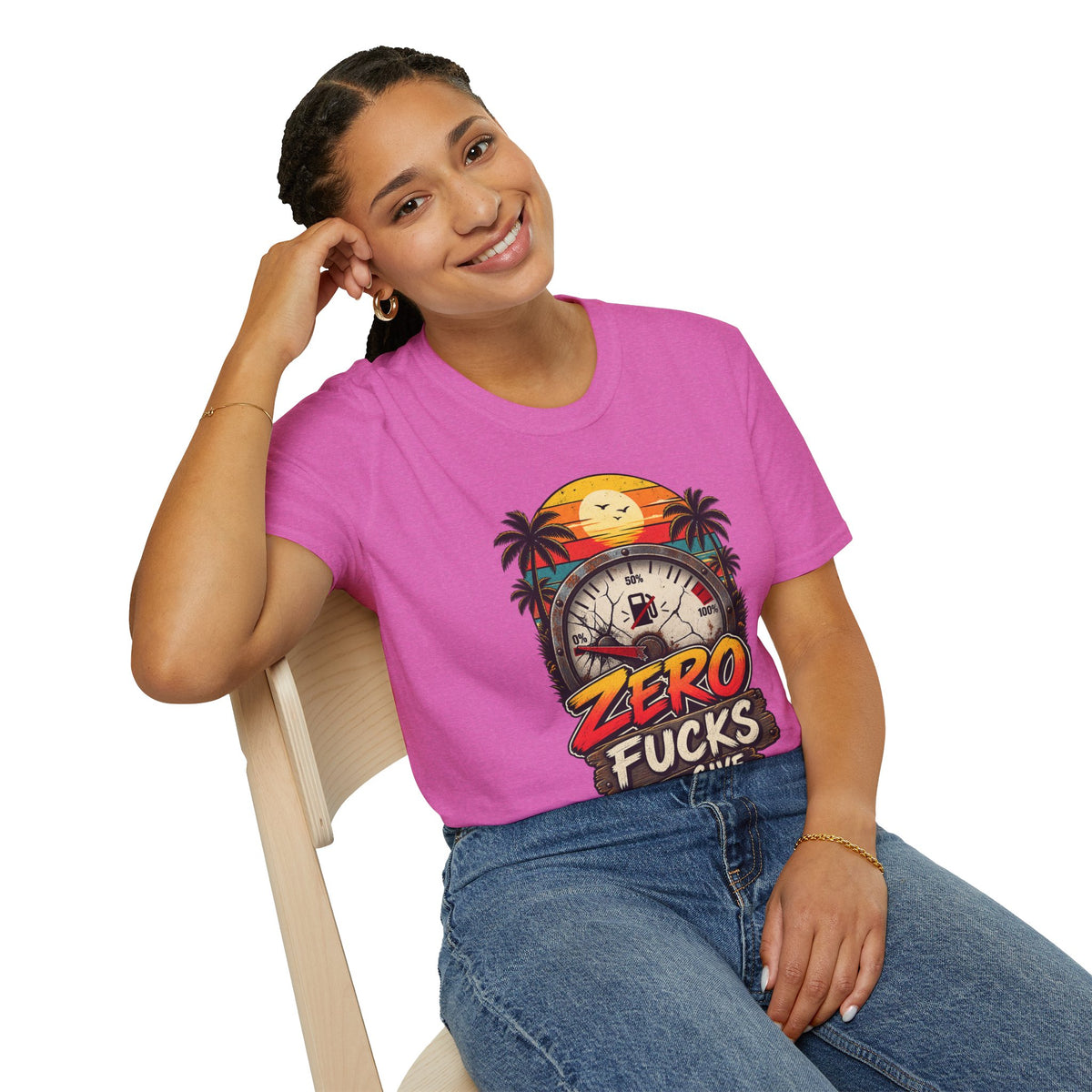 Zero Fucks to Give T-Shirt — Retro Sunset Palm Fuel Gauge Graphic Tee