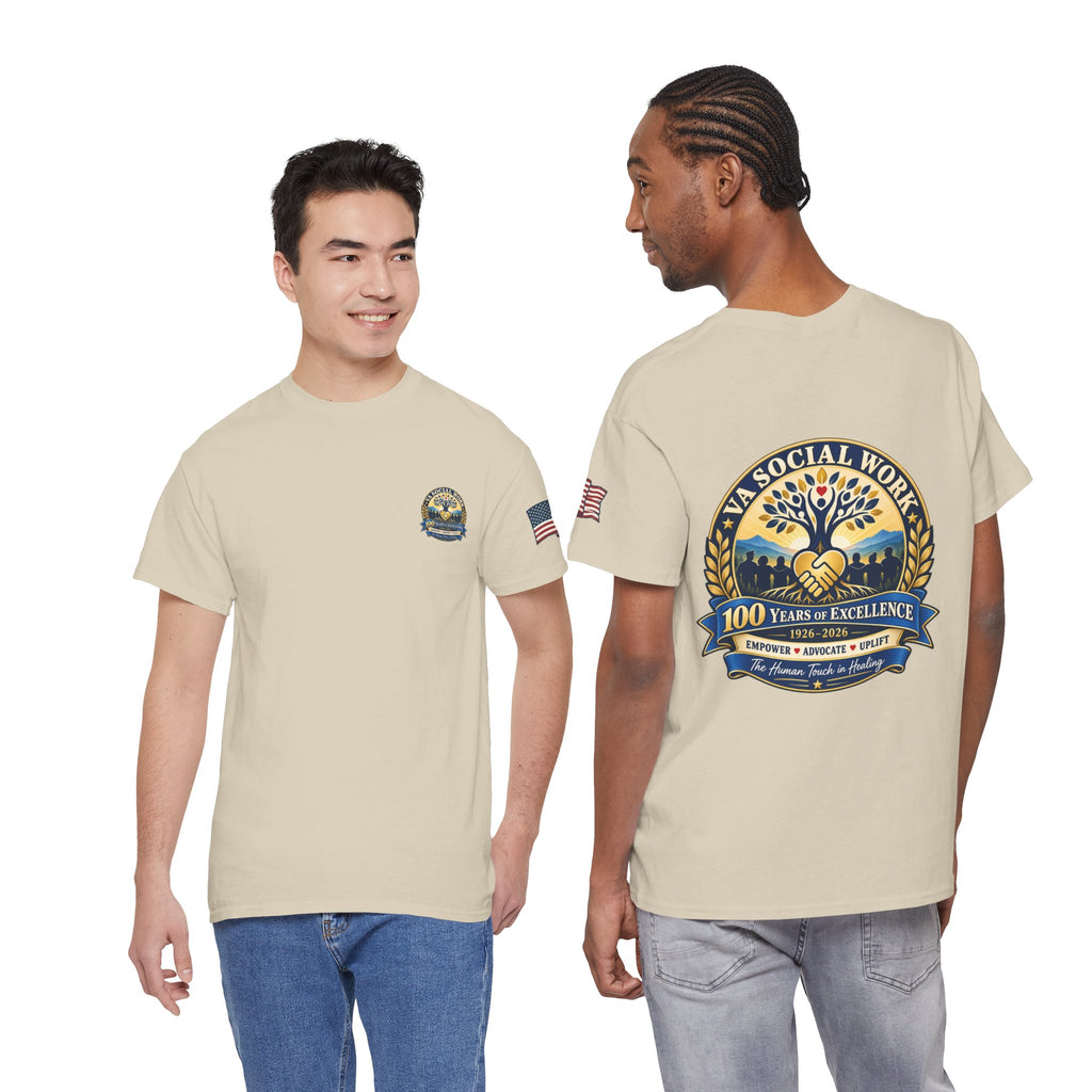 VA Social Work 100th Anniversary T-Shirt — Empower Advocate Uplift (American Flag Sleeve)