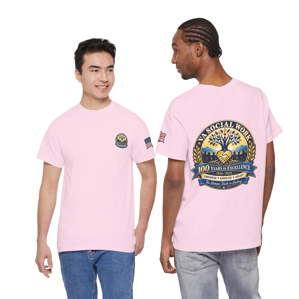 VA Social Work 100th Anniversary T-Shirt — Empower Advocate Uplift (American Flag Sleeve)