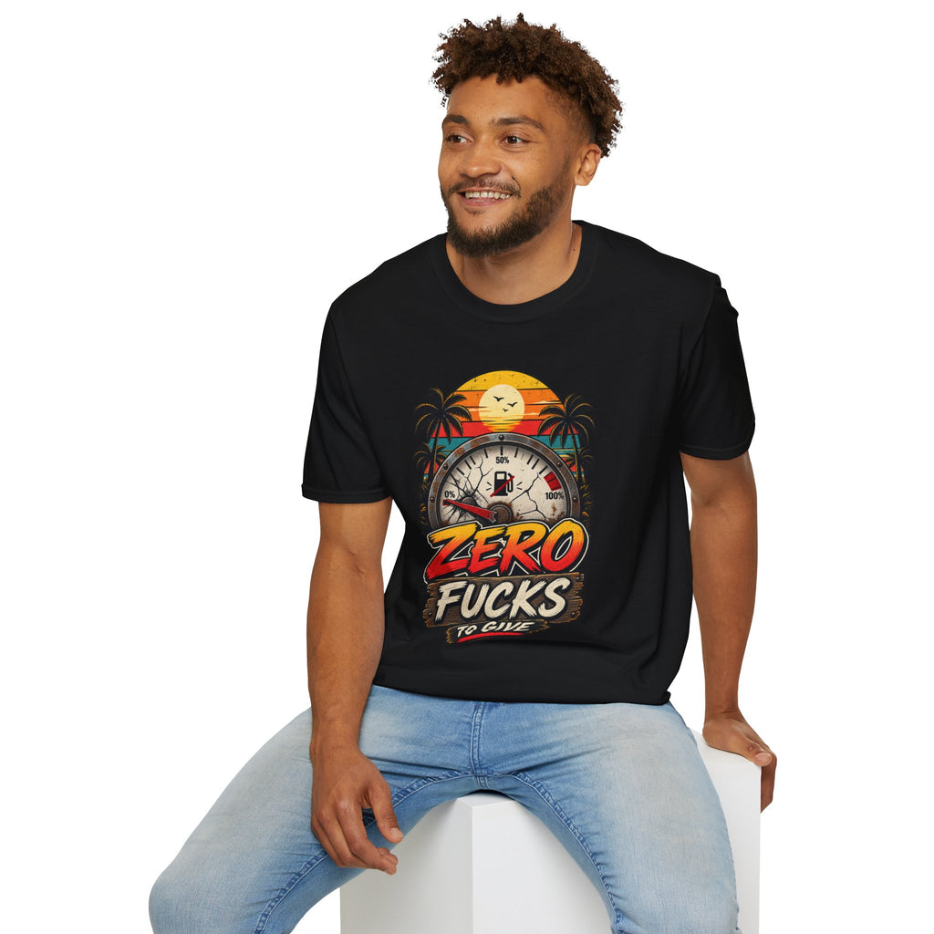 Zero Fucks to Give T-Shirt — Retro Sunset Palm Fuel Gauge Graphic Tee