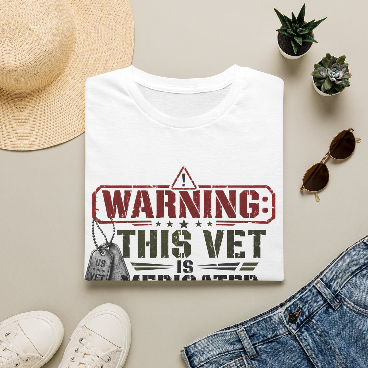 Veteran T-Shirt — "Warning: This Vet Is Medicated for Your Protection" Patriotic Tee