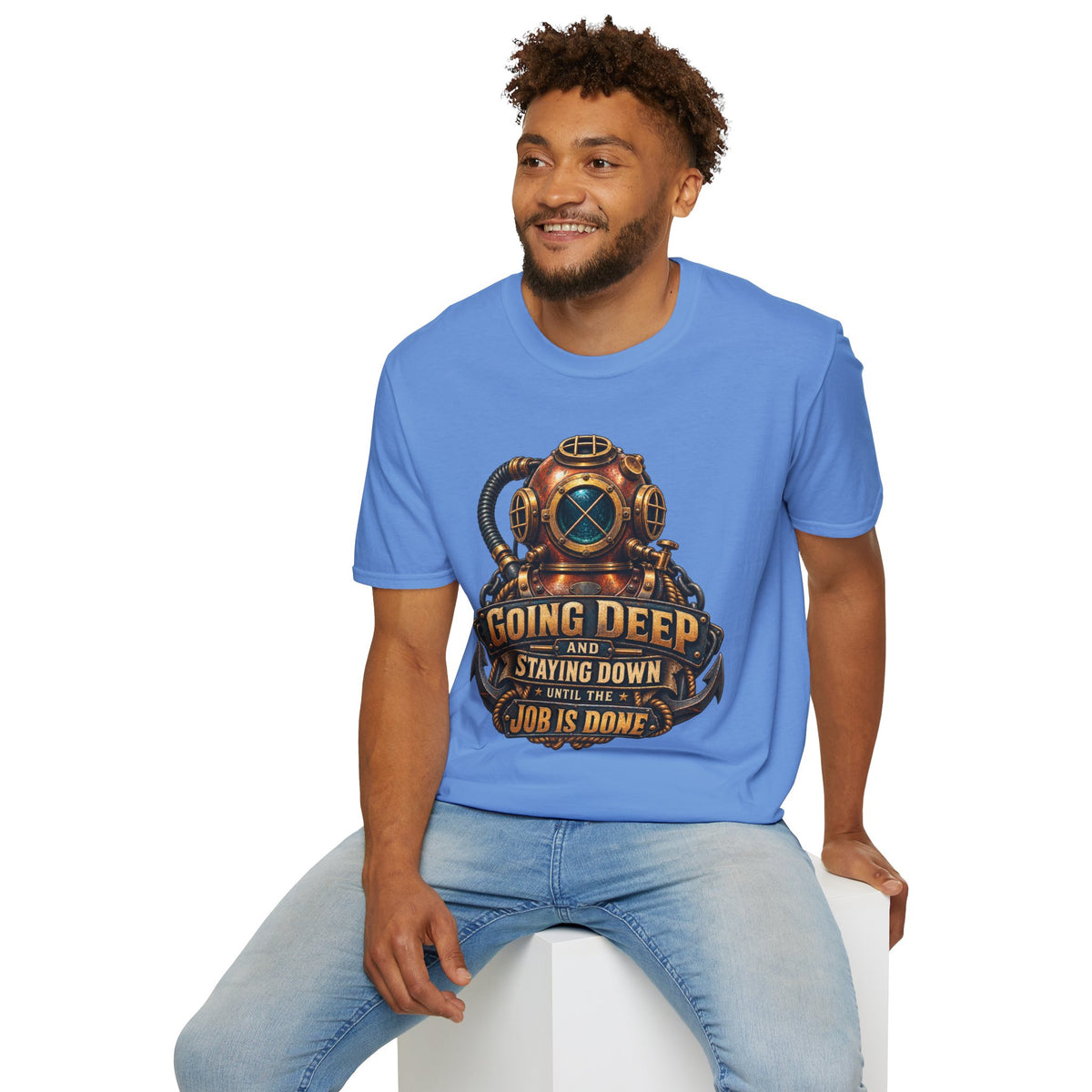 Diver Helmet T‑Shirt — "Going Deep and Staying Down" Vintage Scuba Tee