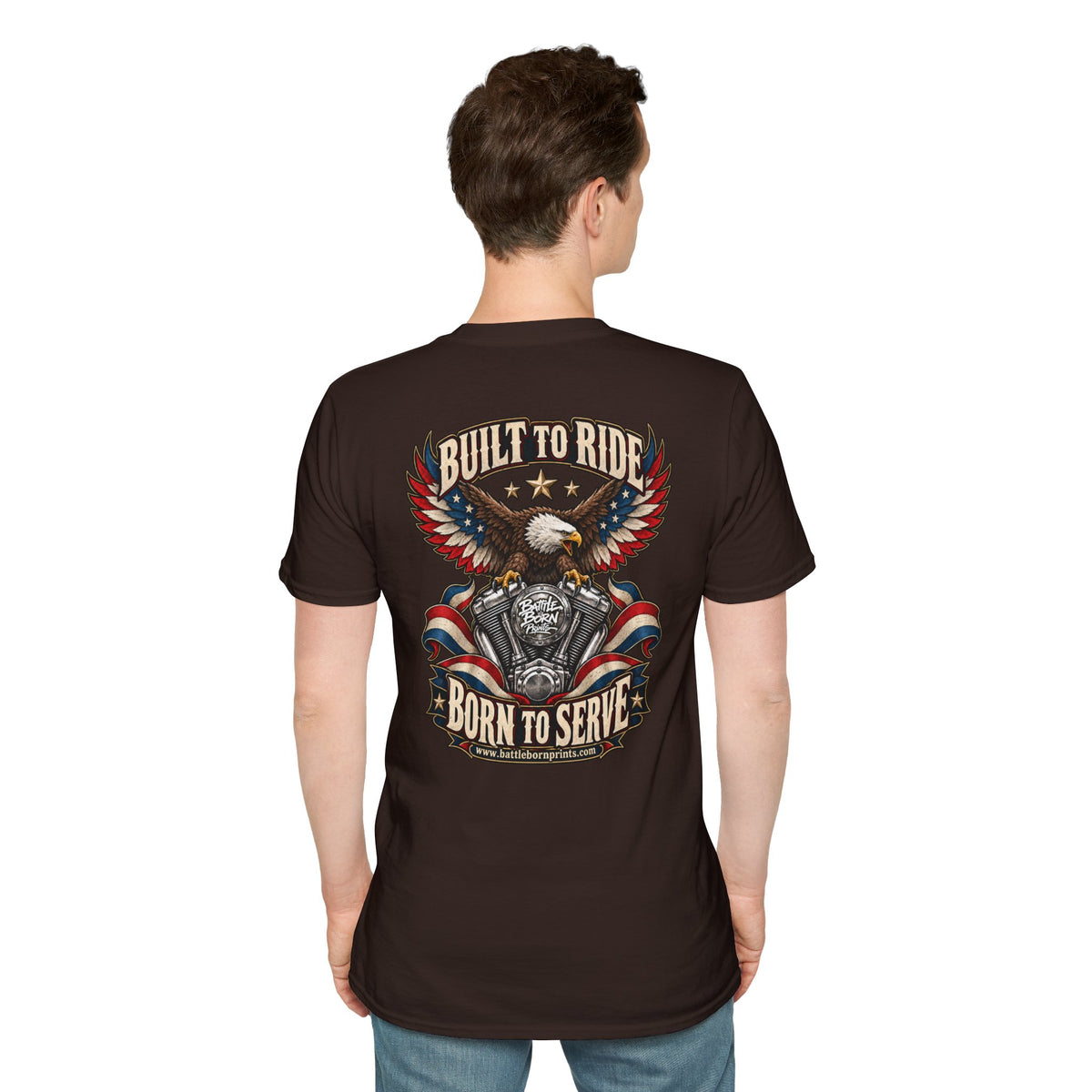 Motorcycle T‑Shirt — "Built to Ride, Born to Serve" Eagle & Flag Biker Tee - Battle Born Prints