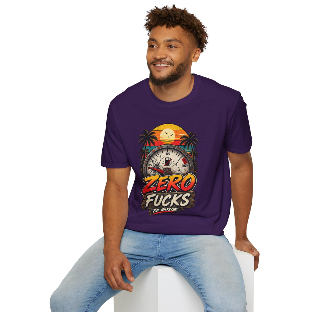 Zero Fucks to Give T-Shirt — Retro Sunset Palm Fuel Gauge Graphic Tee