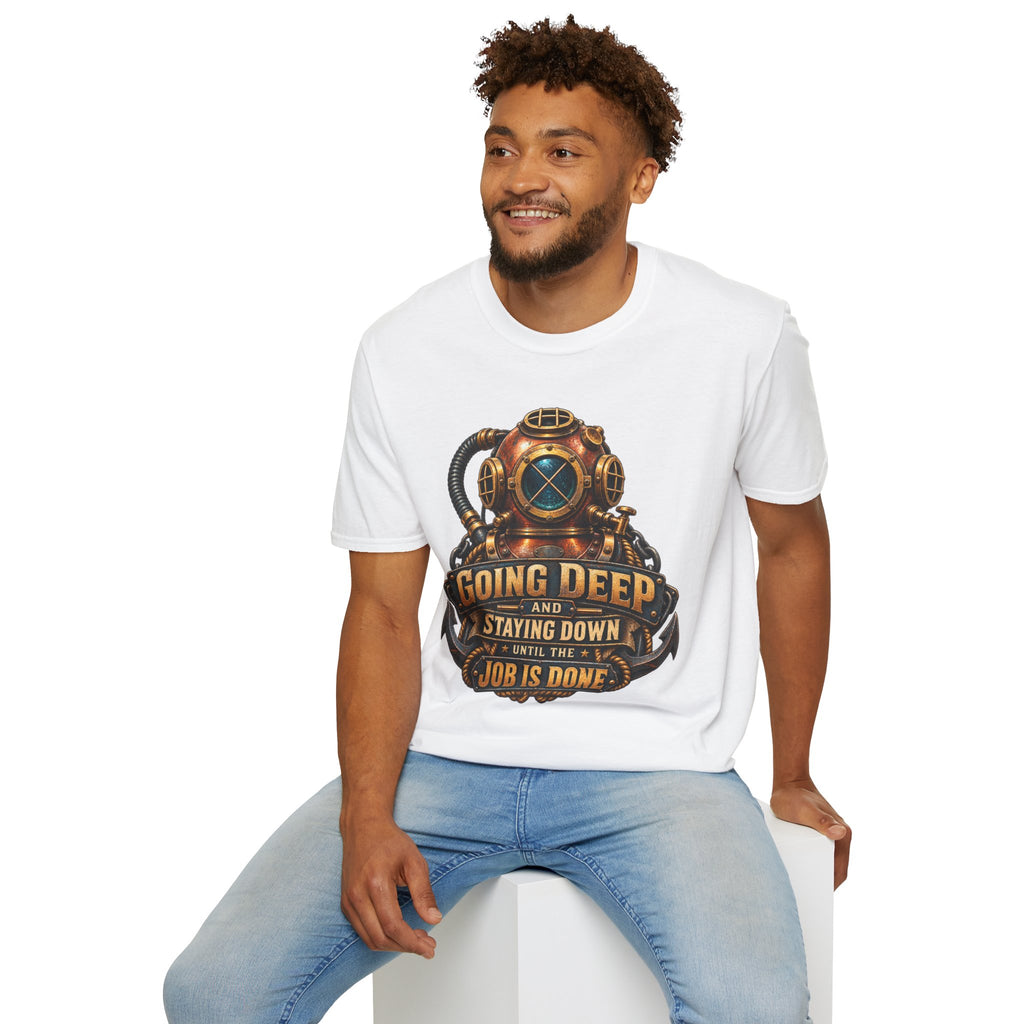 Diver Helmet T‑Shirt — "Going Deep and Staying Down" Vintage Scuba Tee