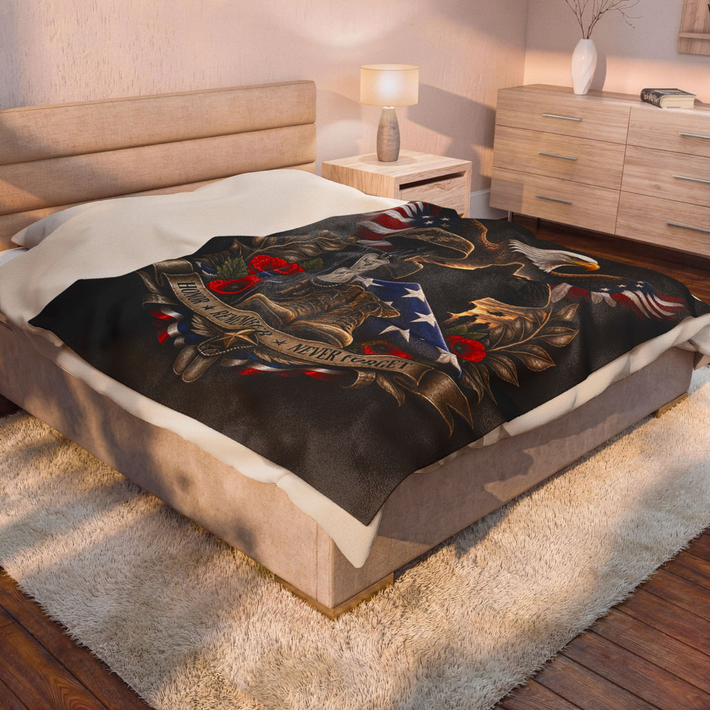Patriotic Military Memorial Velveteen Plush Blanket — "Honor • Remember • Never Forget"