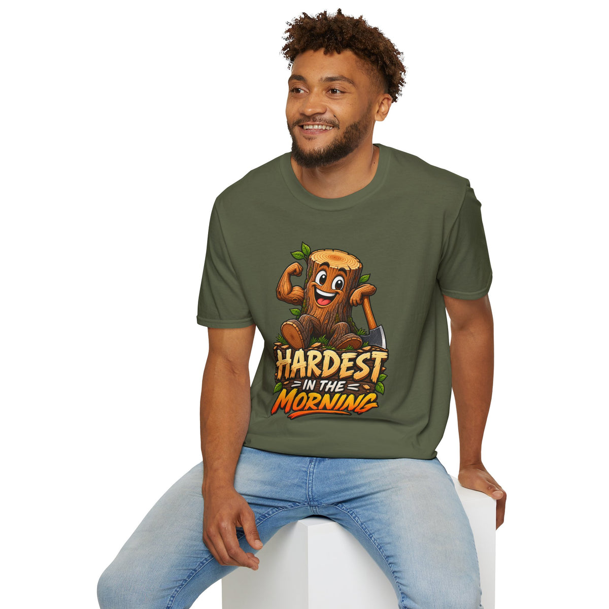 Hardest in the Morning T-Shirt — Funny Muscular Tree Stump Graphic
