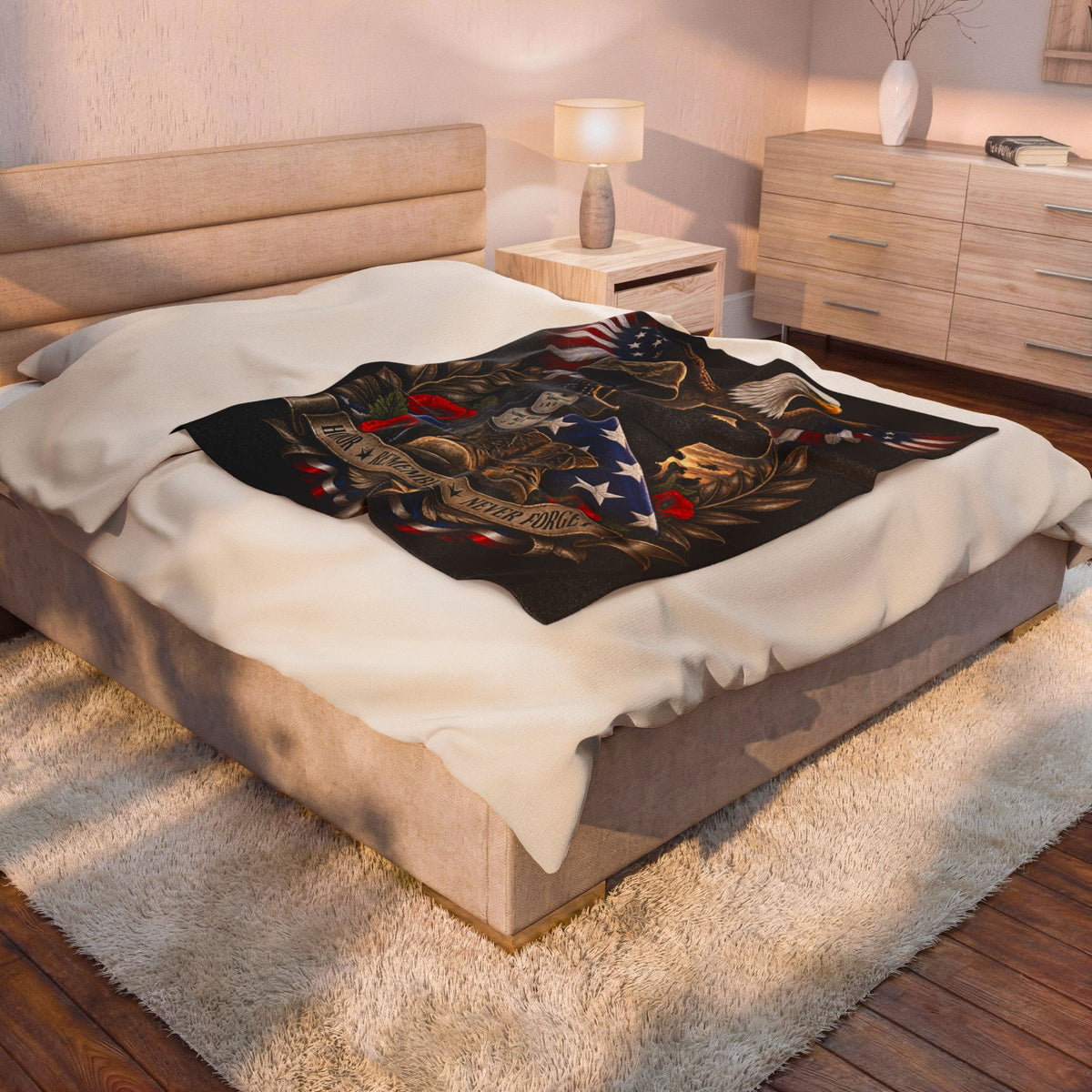 Patriotic Military Memorial Velveteen Plush Blanket — "Honor • Remember • Never Forget"