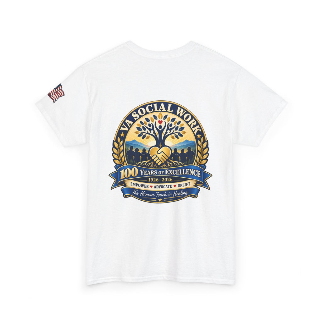 VA Social Work 100th Anniversary T-Shirt — Empower Advocate Uplift (American Flag Sleeve)