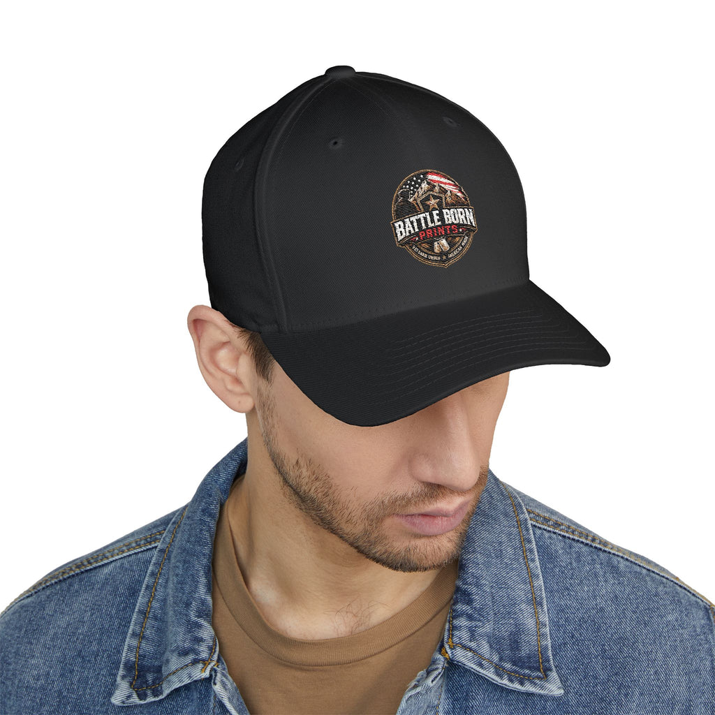 Battle Born Prints FlexFit Embroidered Cap — American Flag Patch Hat