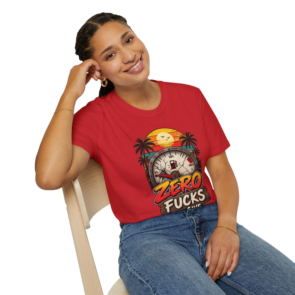 Zero Fucks to Give T-Shirt — Retro Sunset Palm Fuel Gauge Graphic Tee