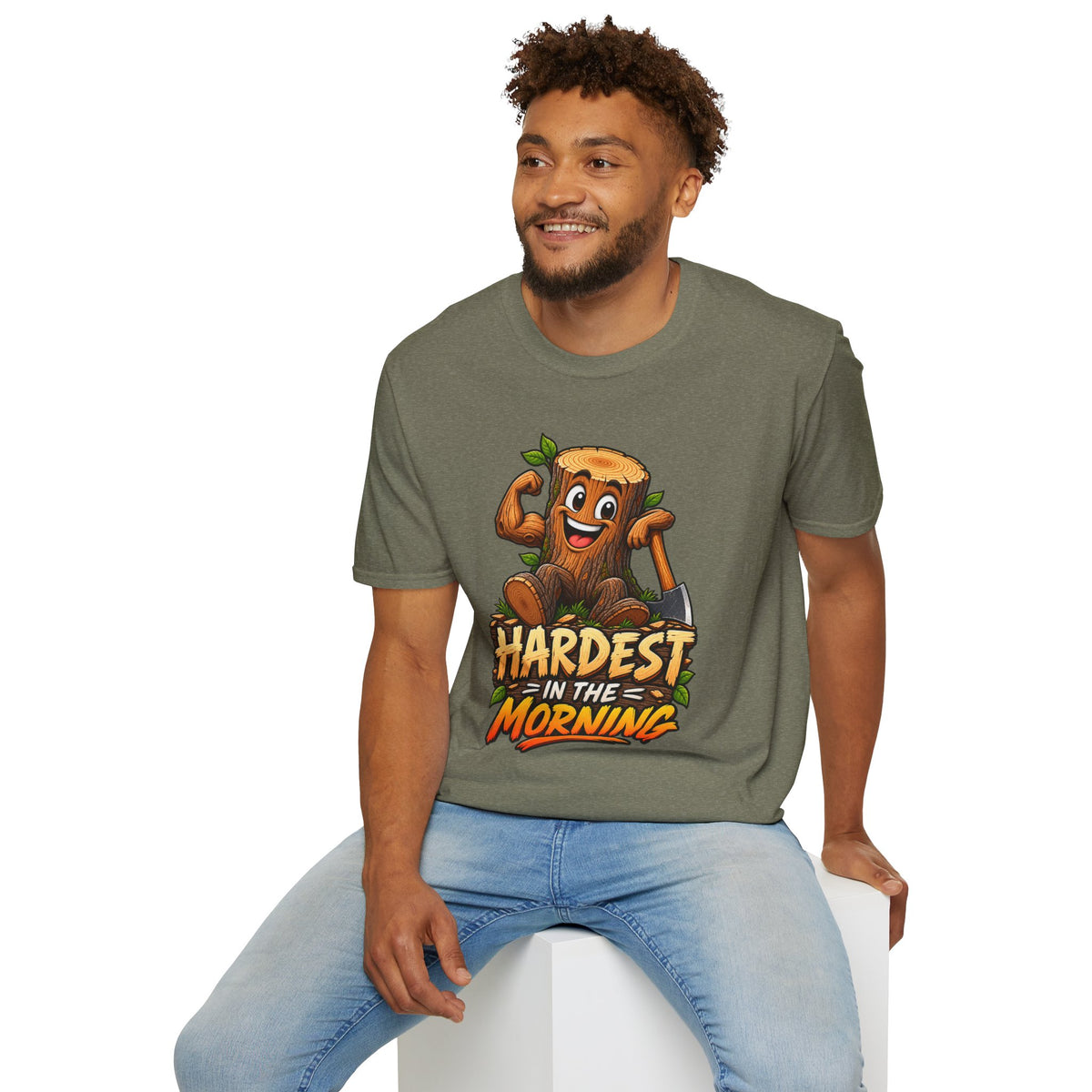 Hardest in the Morning T-Shirt — Funny Muscular Tree Stump Graphic