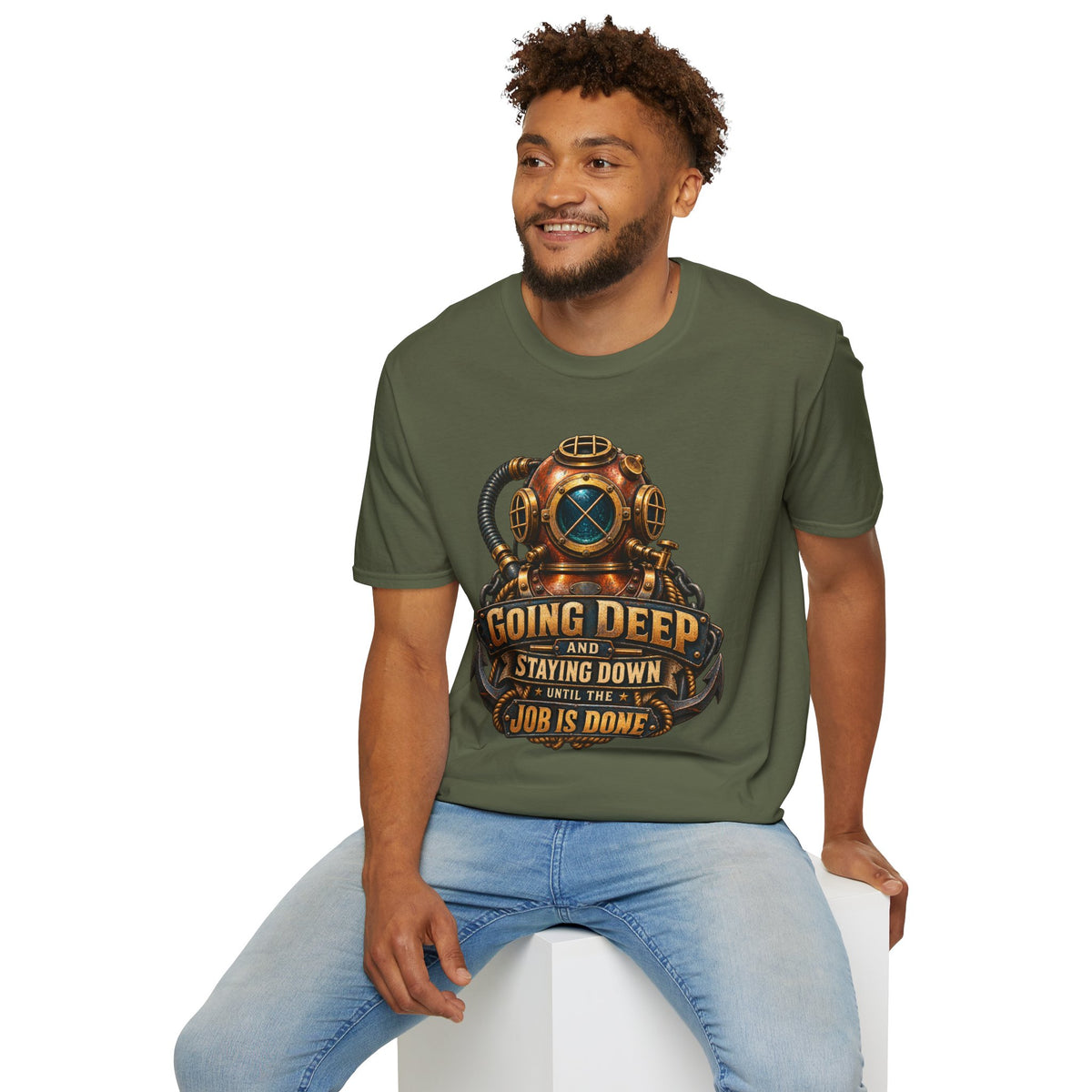 Diver Helmet T‑Shirt — "Going Deep and Staying Down" Vintage Scuba Tee
