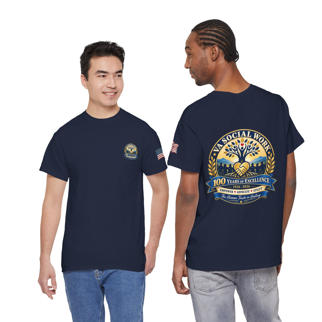 VA Social Work 100th Anniversary T-Shirt — Empower Advocate Uplift (American Flag Sleeve)