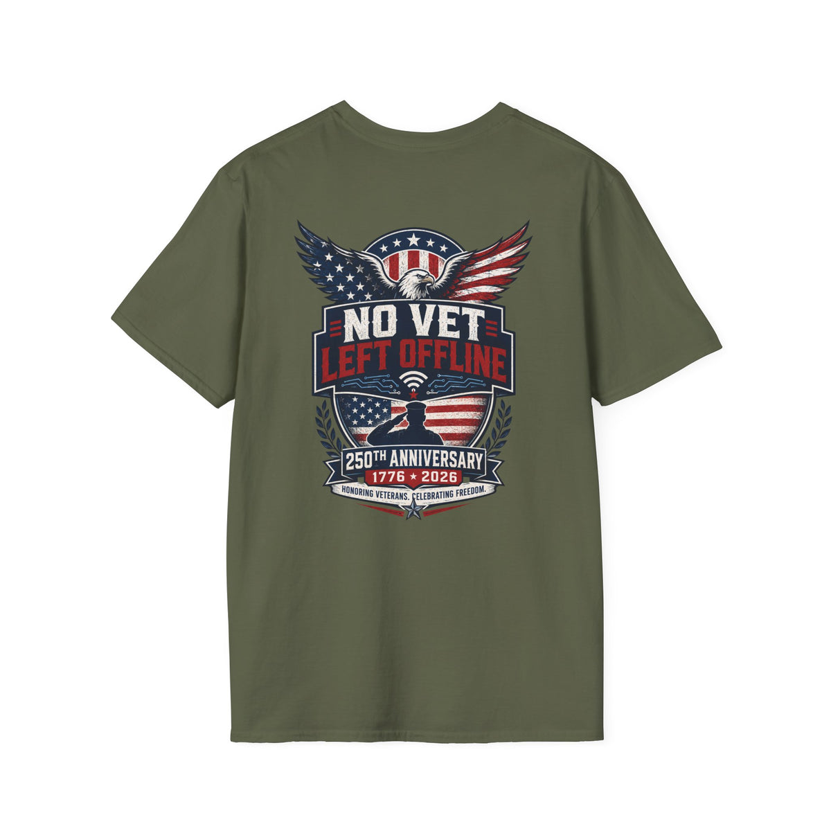 T-Shirt — "No Vet, Left Offline" American Flag Shield Veteran Tee