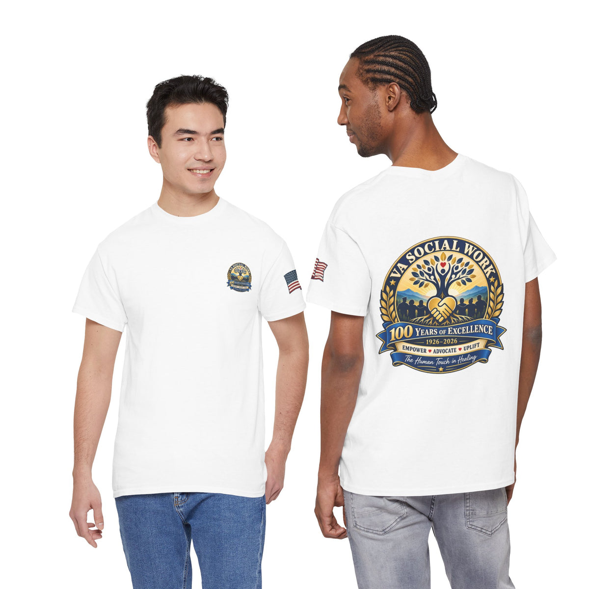 VA Social Work 100th Anniversary T-Shirt — Empower Advocate Uplift (American Flag Sleeve)
