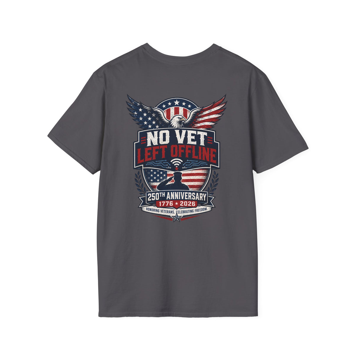 T-Shirt — "No Vet, Left Offline" American Flag Shield Veteran Tee