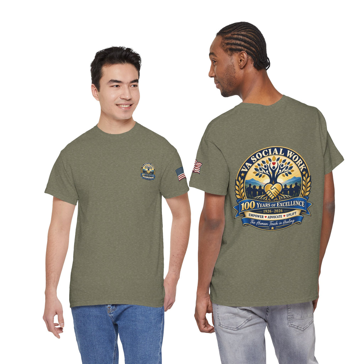 VA Social Work 100th Anniversary T-Shirt — Empower Advocate Uplift (American Flag Sleeve)