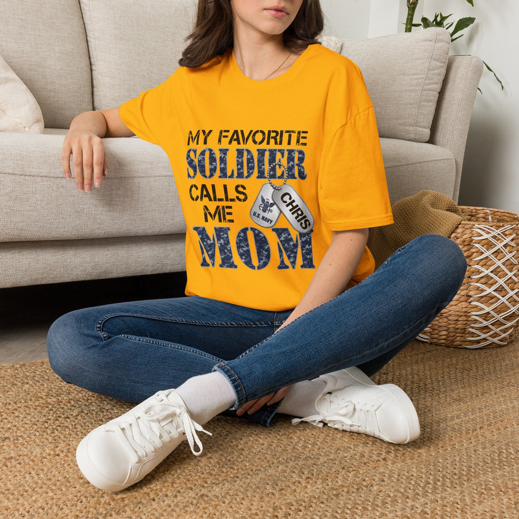 Soldier Calls Me Mom "Navy" T‑Shirt — My Favorite Soldier Dog Tag Military Mom Tee