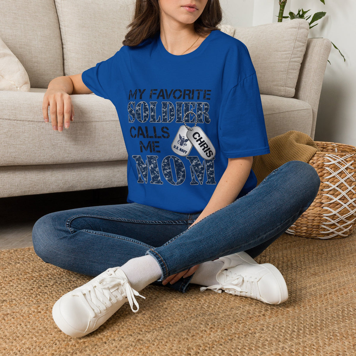 Soldier Calls Me Mom "Navy" T‑Shirt — My Favorite Soldier Dog Tag Military Mom Tee