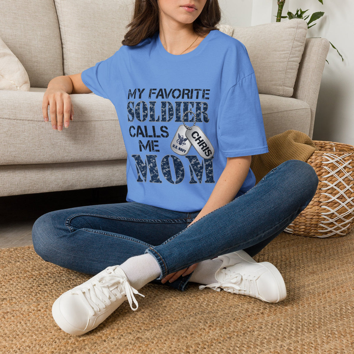 Soldier Calls Me Mom "Navy" T‑Shirt — My Favorite Soldier Dog Tag Military Mom Tee