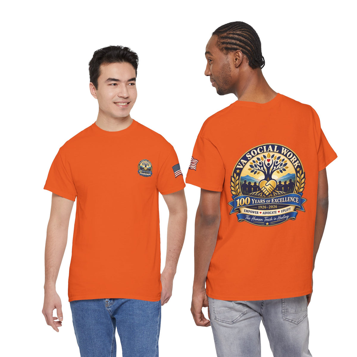 VA Social Work 100th Anniversary T-Shirt — Empower Advocate Uplift (American Flag Sleeve)