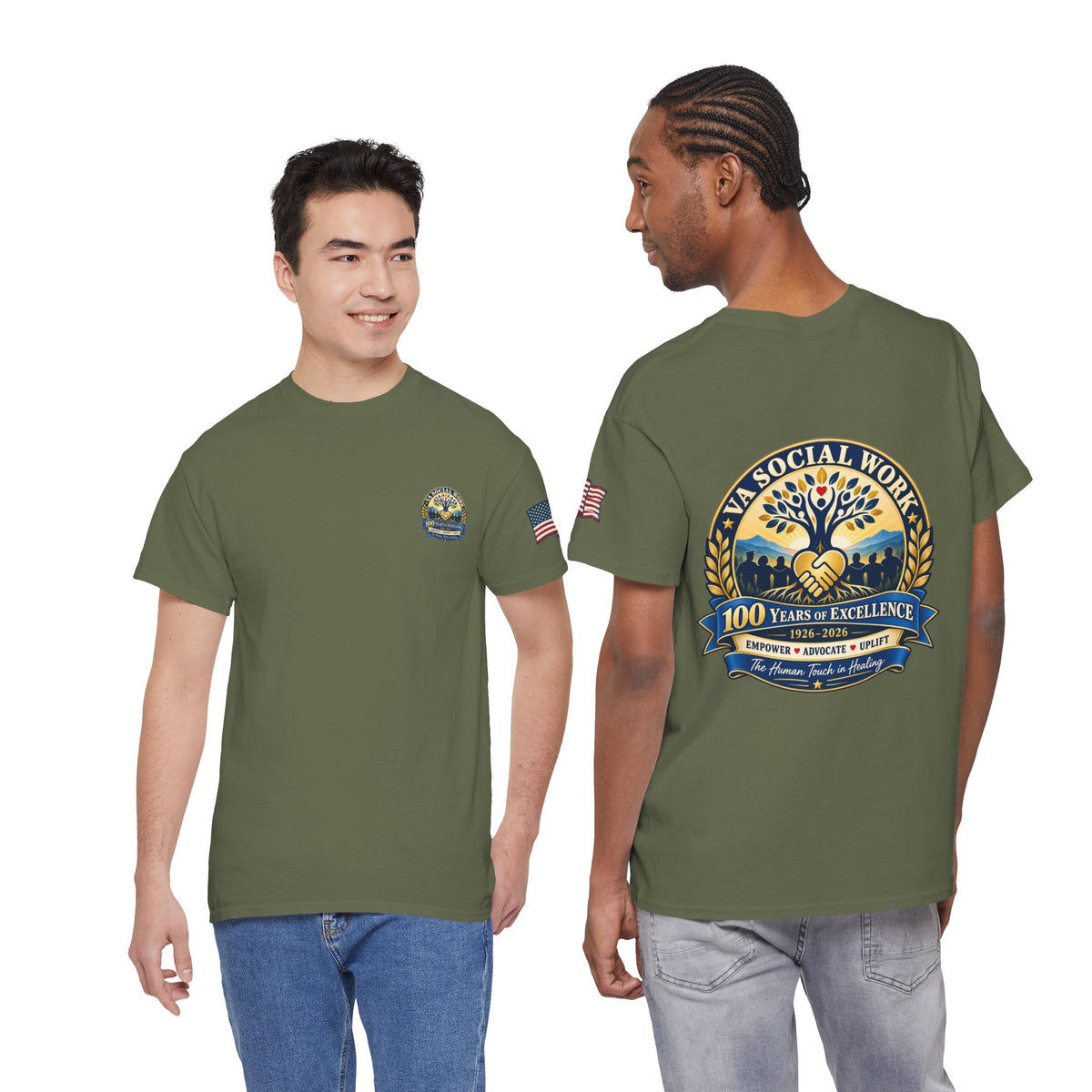 VA Social Work 100th Anniversary T-Shirt — Empower Advocate Uplift (American Flag Sleeve)