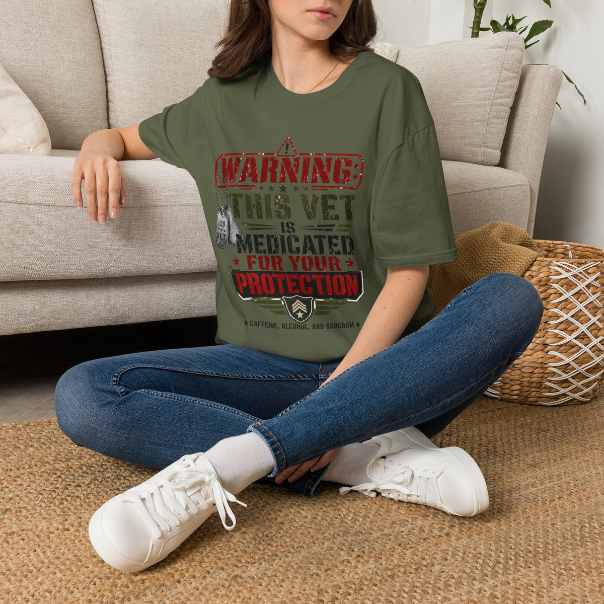 Veteran T-Shirt — "Warning: This Vet Is Medicated for Your Protection" Patriotic Tee