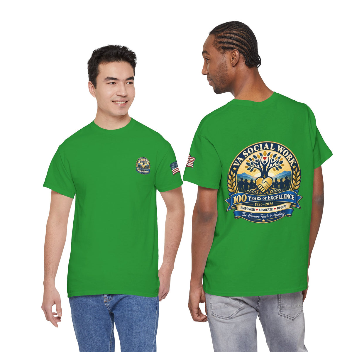 VA Social Work 100th Anniversary T-Shirt — Empower Advocate Uplift (American Flag Sleeve)