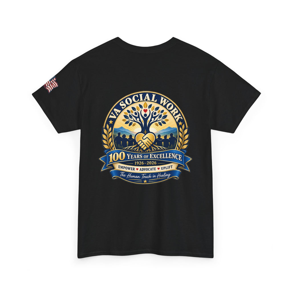 VA Social Work 100th Anniversary T-Shirt — Empower Advocate Uplift (American Flag Sleeve)