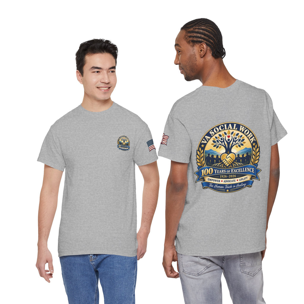 VA Social Work 100th Anniversary T-Shirt — Empower Advocate Uplift (American Flag Sleeve)