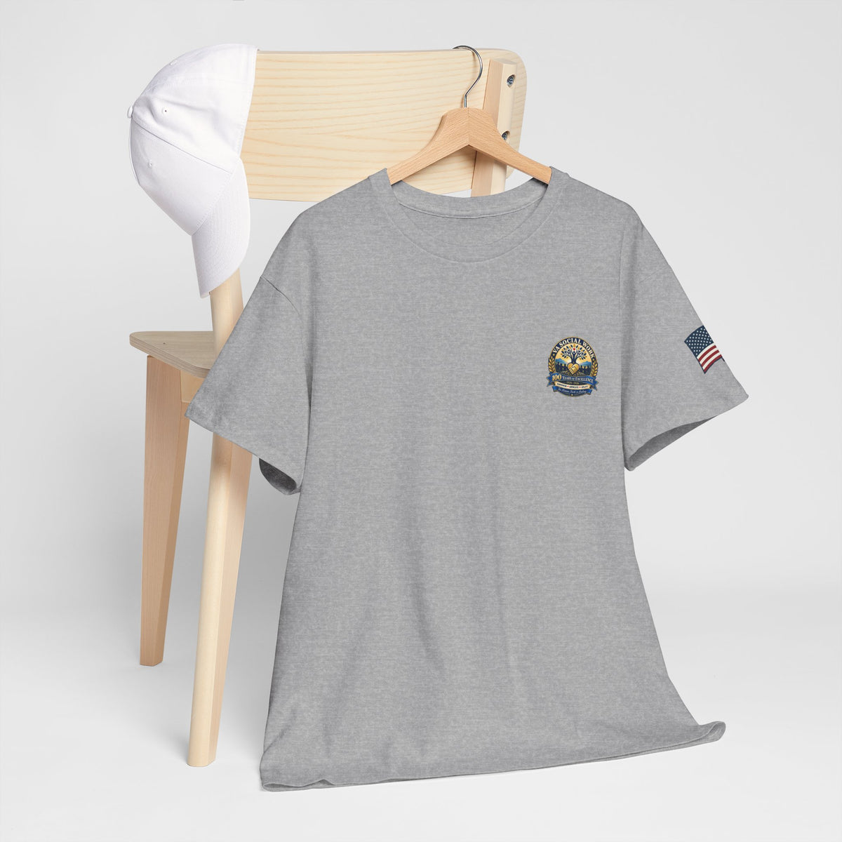 VA Social Work 100th Anniversary T-Shirt — Empower Advocate Uplift (American Flag Sleeve)