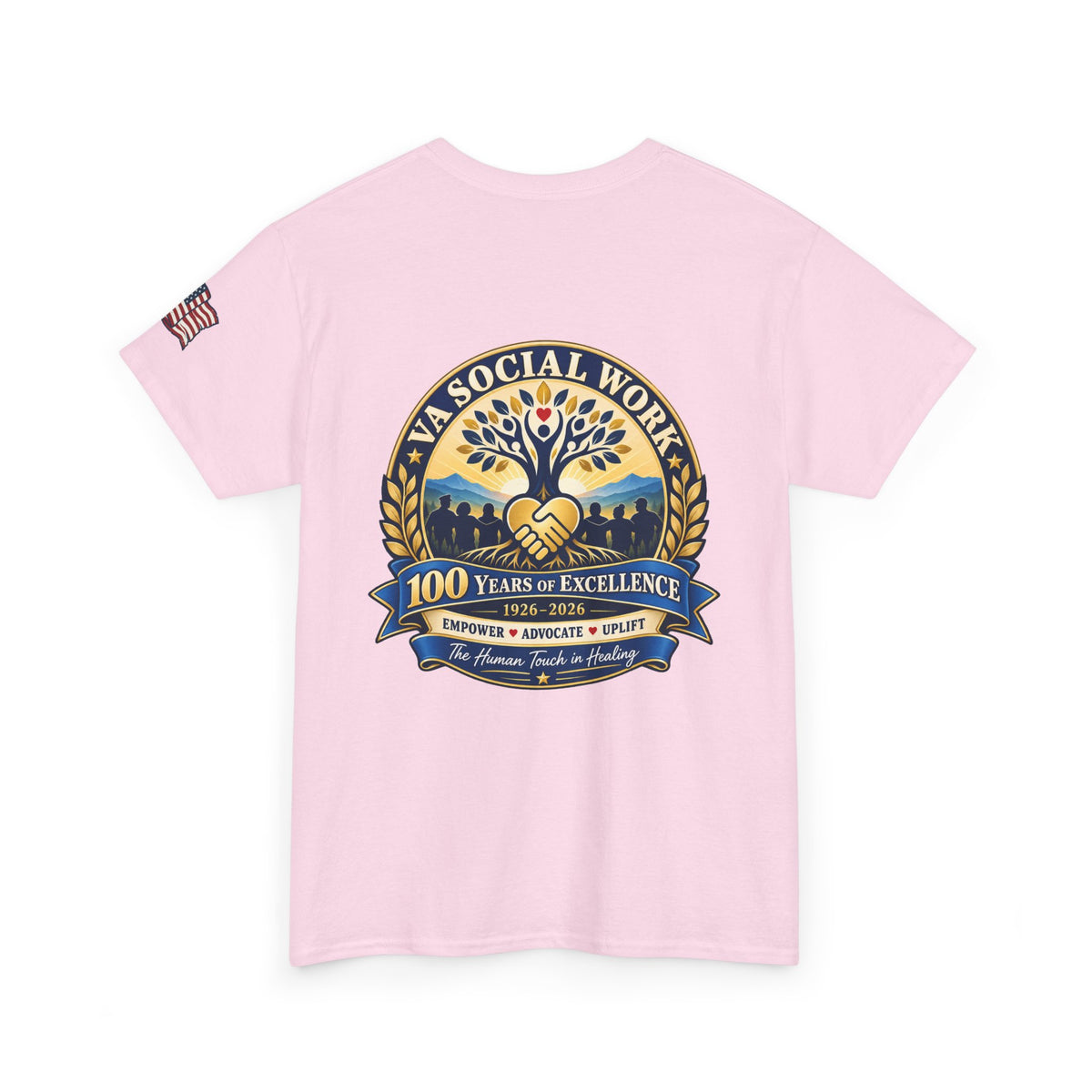VA Social Work 100th Anniversary T-Shirt — Empower Advocate Uplift (American Flag Sleeve)