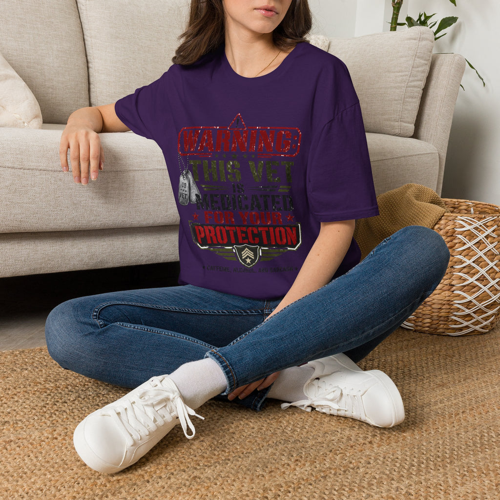 Veteran T-Shirt — "Warning: This Vet Is Medicated for Your Protection" Patriotic Tee