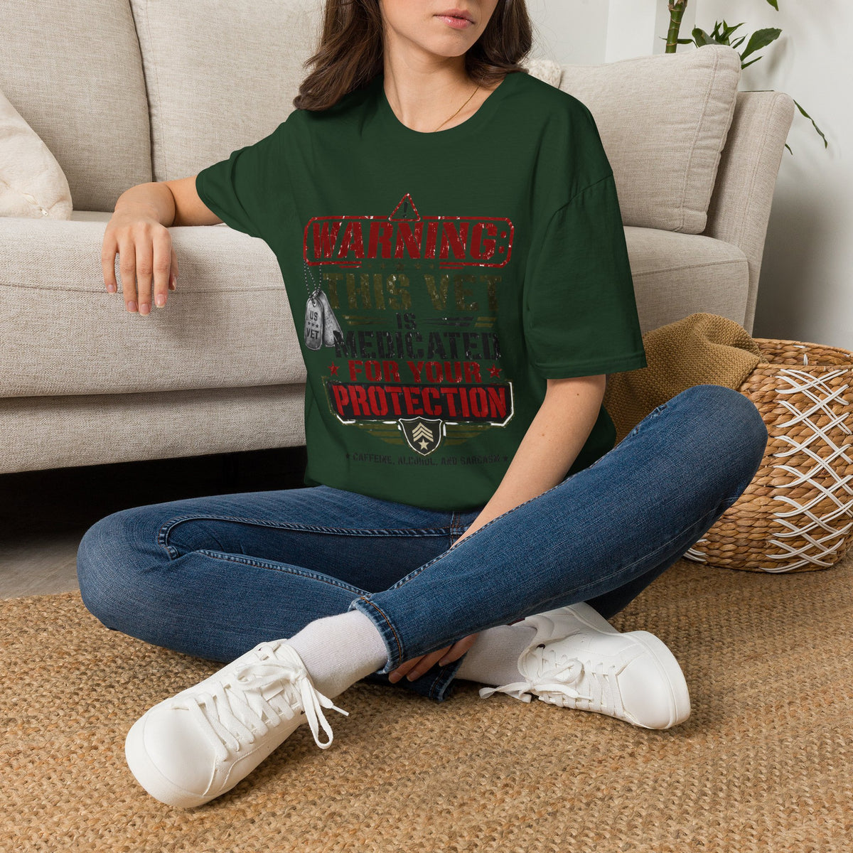 Veteran T-Shirt — "Warning: This Vet Is Medicated for Your Protection" Patriotic Tee