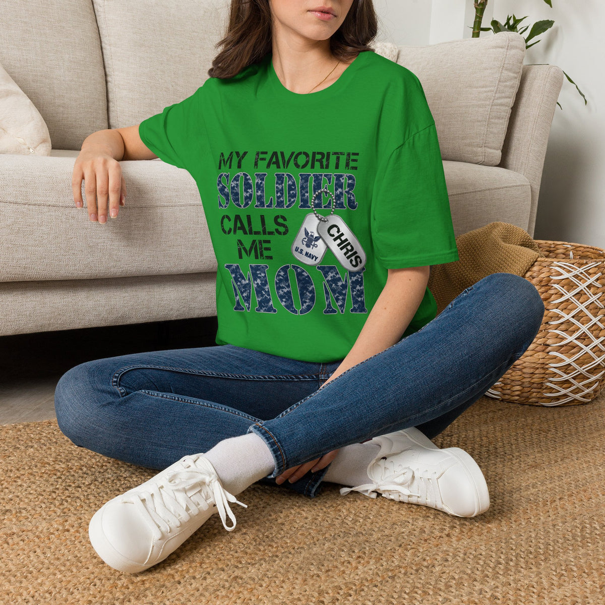 Soldier Calls Me Mom "Navy" T‑Shirt — My Favorite Soldier Dog Tag Military Mom Tee