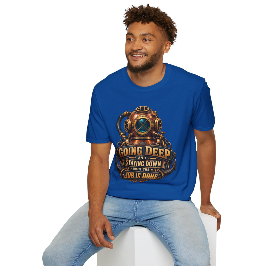 Diver Helmet T‑Shirt — "Going Deep and Staying Down" Vintage Scuba Tee