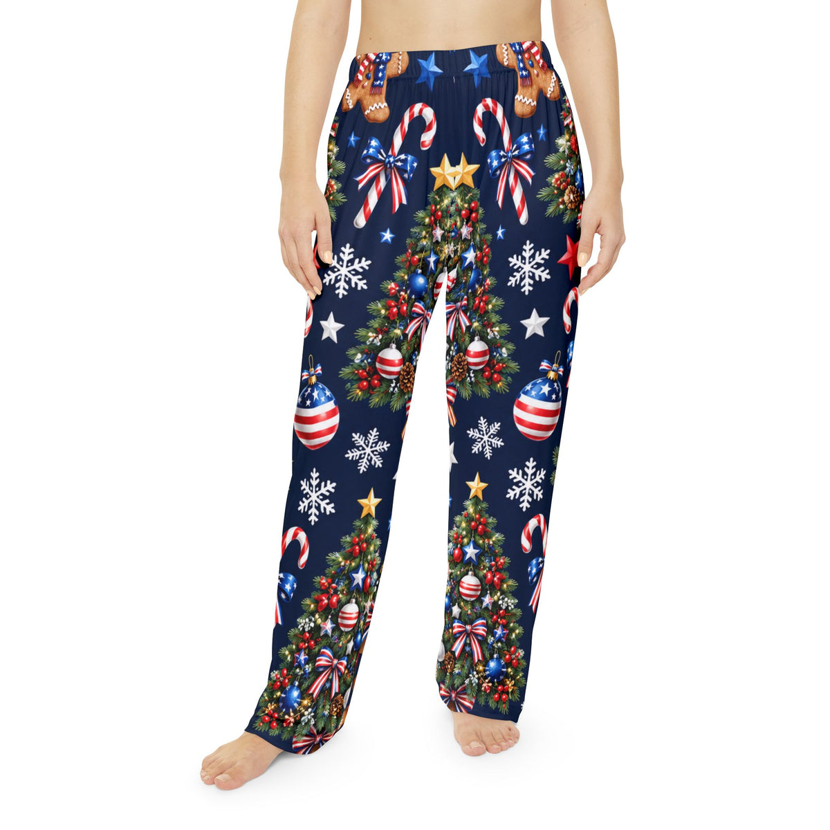Cozy Women's Christmas Pajama Pants – Festive Gingerbread & Ornament Tree Print