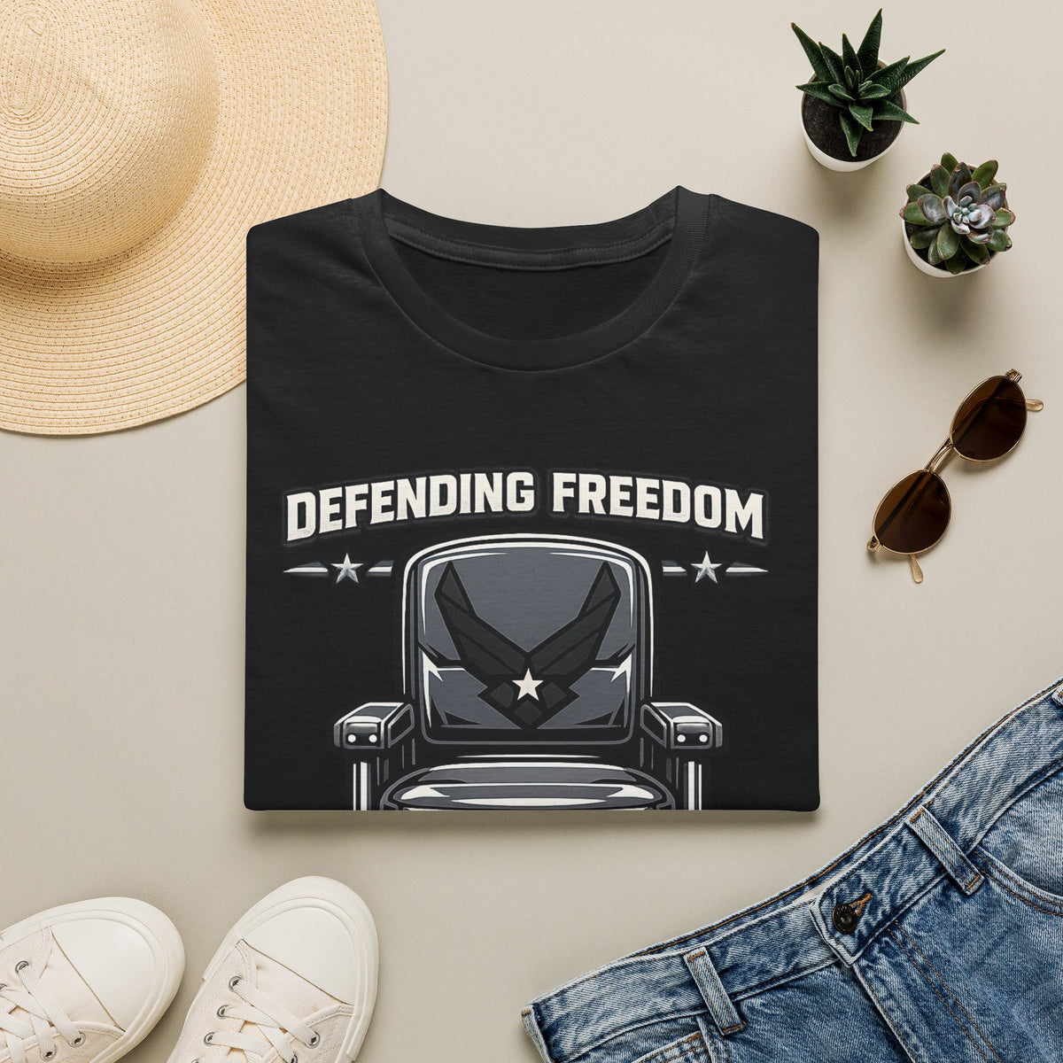 Defending Freedom Chair Force Veteran T-Shirt — "Defending Freedom from an Air-Conditioned Room"